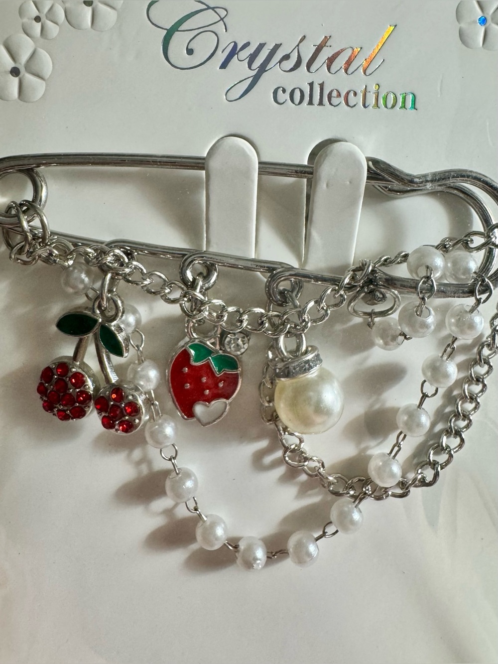 Silver Charm Brooch with Red Enamel cherry and strawberry charms with pearls